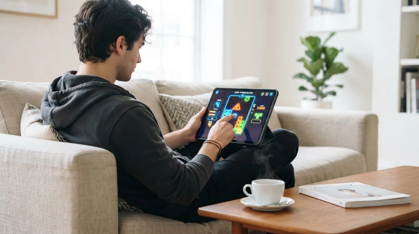 Junger Mann testet entspannt ein Tablet auf einer Couch, eine Kaffeetasse steht auf dem niedrigen Tisch daneben.