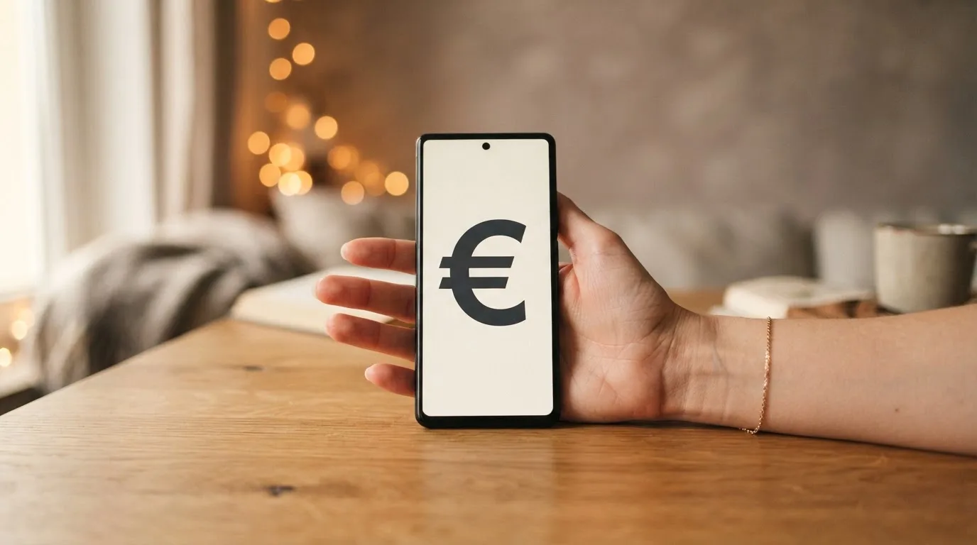 Eine Person hält ein Smartphone locker in der Hand, während im Hintergrund bunte Lichter eines Wohnzimmers verschwimmen.