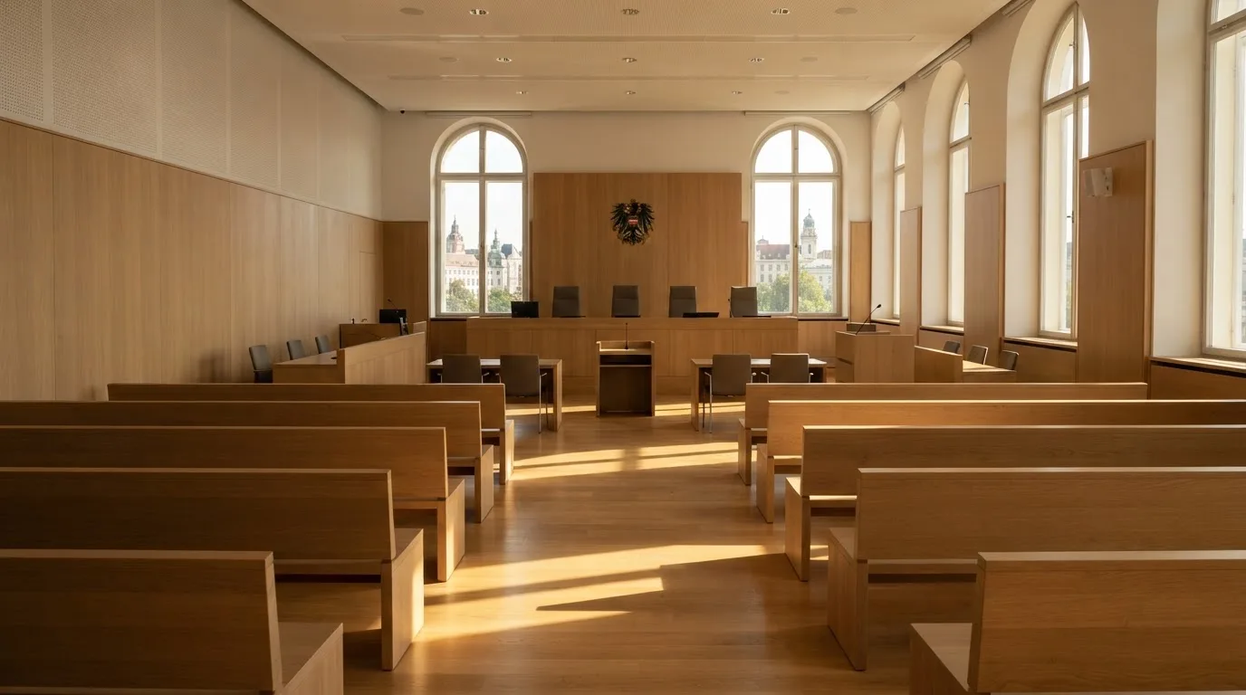 Innenansicht eines modernen Gerichtssaals mit leeren Holzbänken und hohen Fenstern, durch die Nachmittagslicht fällt.