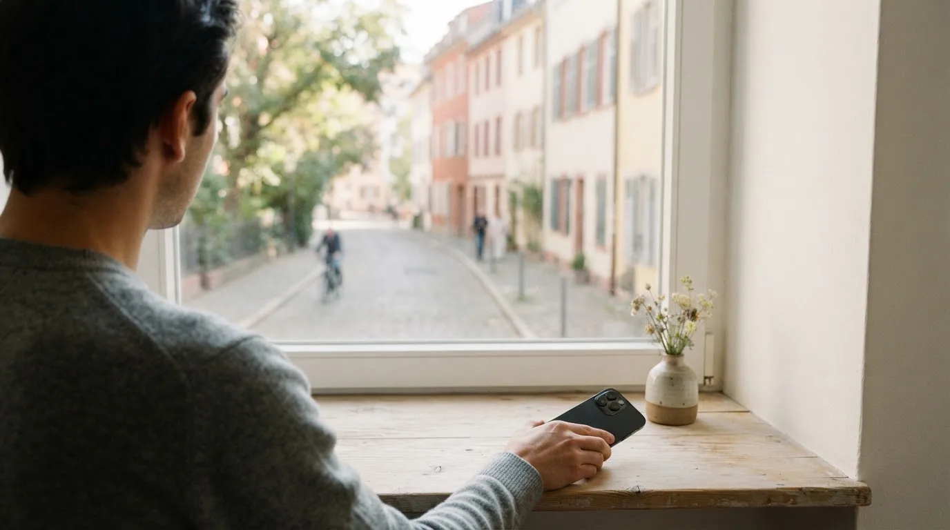 Eine Person legt ihr Smartphone beiseite und schaut nachdenklich aus einem Fenster in eine ruhige Straße hinaus.